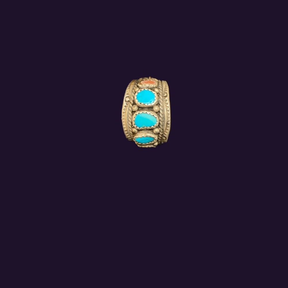 Size 8 men’s SS handcrafted turquoise and coral ring signed Navajo Dine Begaye